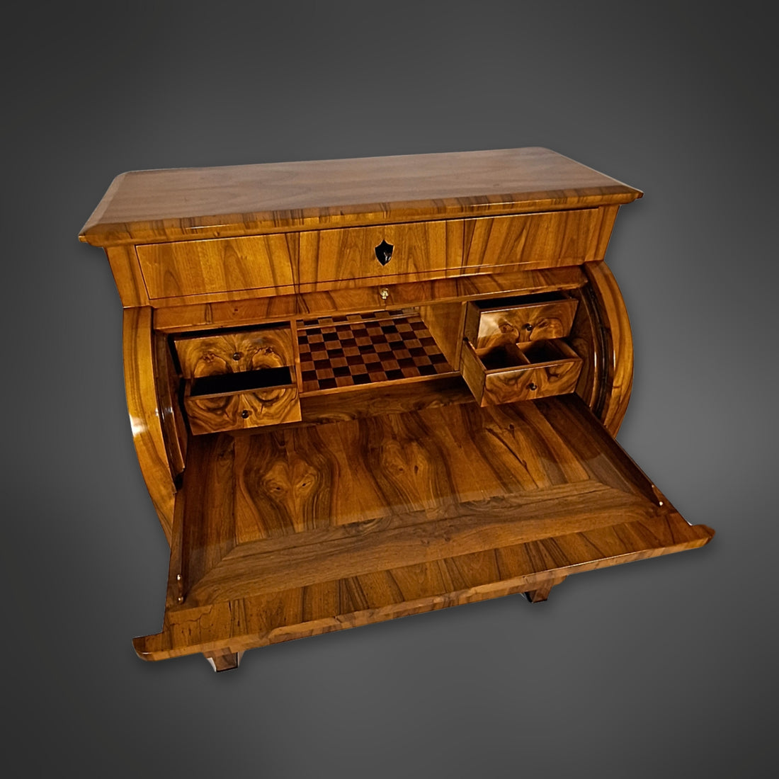 Biedermeier-Zylindersekretär aus Nussbaum, Süddeutschland um 1825–1830