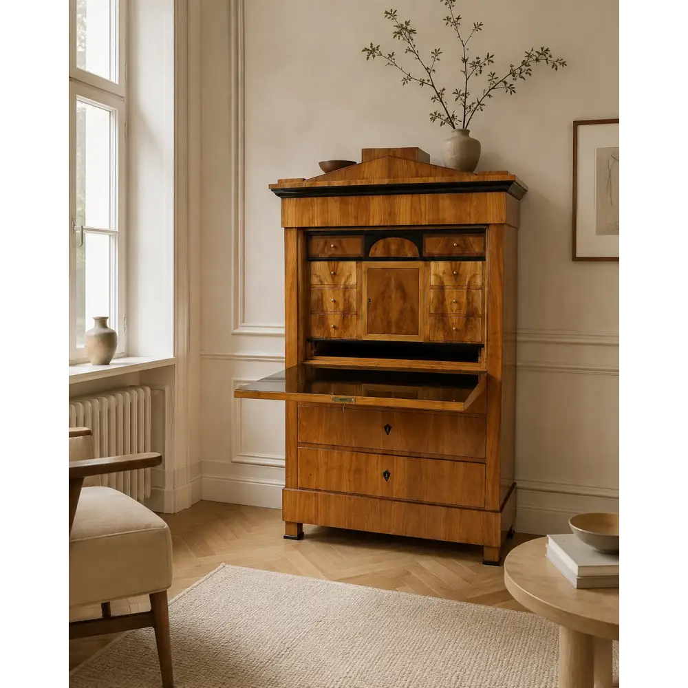 Biedermeier-Sekretär mit Spitzgiebel kirschbaumfurniert
