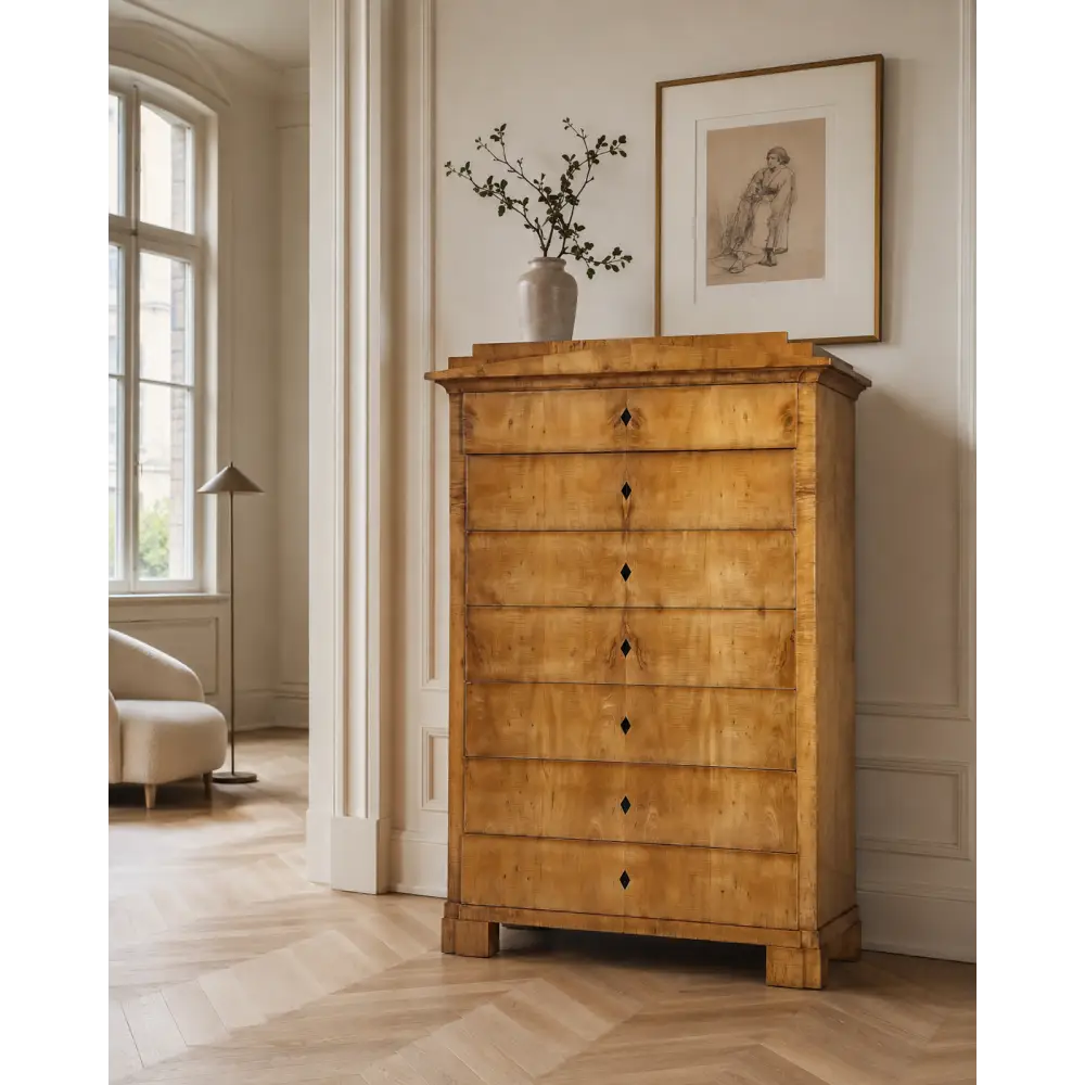 Biedermeier Pfeiler-Kommode mit Spitzgiebel Ahorn furniert