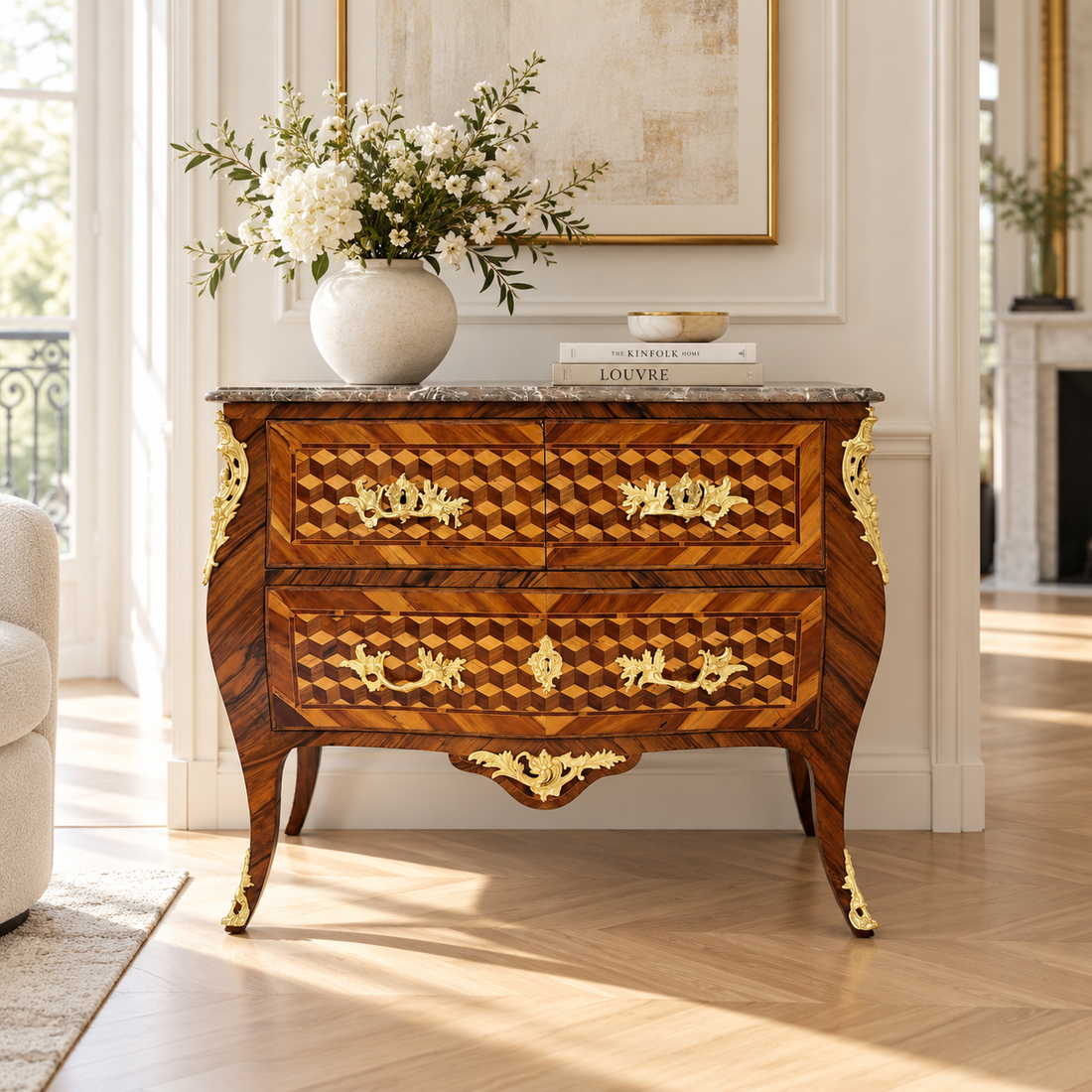 Louis-XV-Kommode mit Würfelmarketerie, Frankreich, 2. Hälfte 18. Jahrhundert